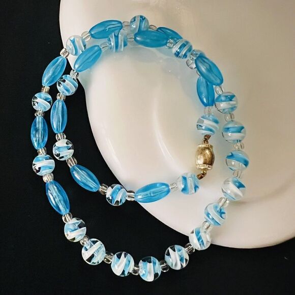 Vintage Art Glass Necklace Crystal White Swirl Aqua Blue AB Sterling Silver 4609 - Picture 4 of 10